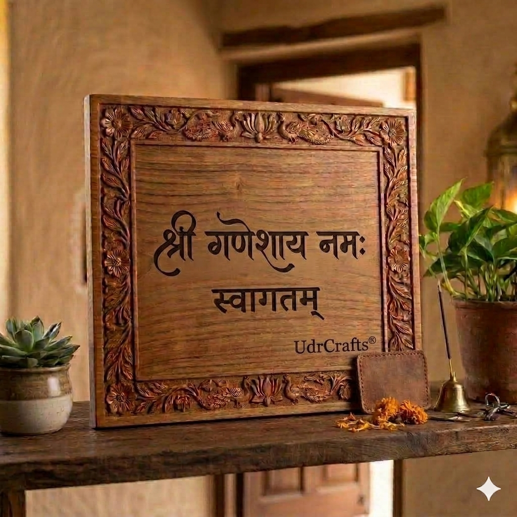 UdrCrafts® Royal Wooden Name Plate for House | Traditional Hand-Carved Shree Ganeshay Namah & Swagatam Home Signboard | Customized Hardwood Nameplate (12" x 12")