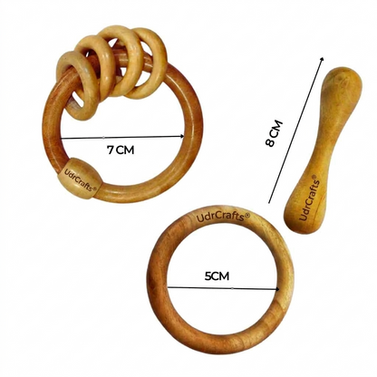 UdrCrafts® Organic Neem Wood Teether Combo for Babies – 1 Ring Rattler, 1 Dumbbell & 1 Teething Ring_ Pack of 3 Safe Natural Wooden Toys for 3–12 Months | Handcrafted & Eco-Friendly | wooden teethers for 6 to 12 months
