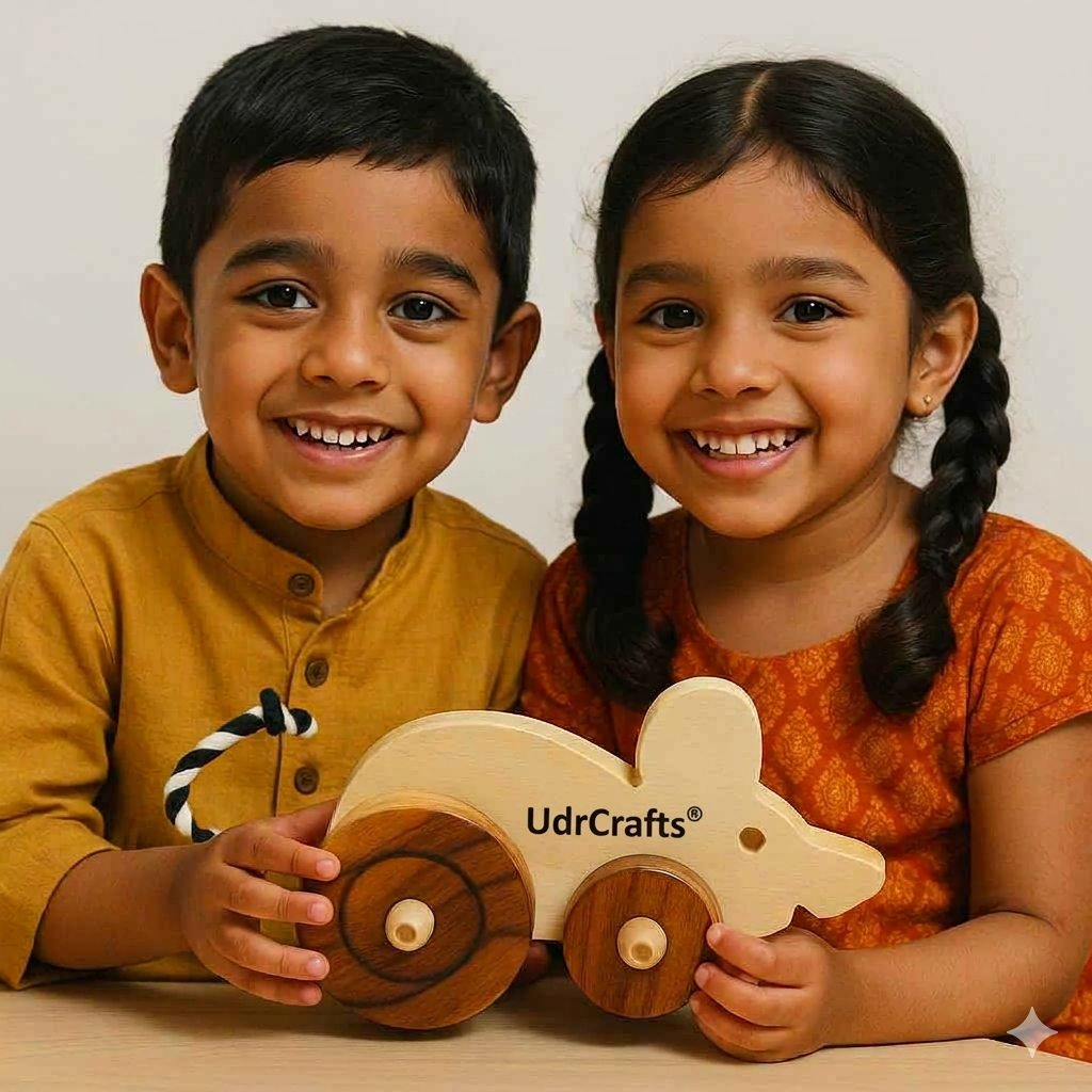 UdrCrafts® Wooden Mouse Pull-Along Toy for Toddlers | Natural Solid Wood | Cotton Pull String | No Metal | Eco-Friendly & Plastic-Free | Smooth Rolling Wheels | Nursery Decor Toy (1.5–4 Years)