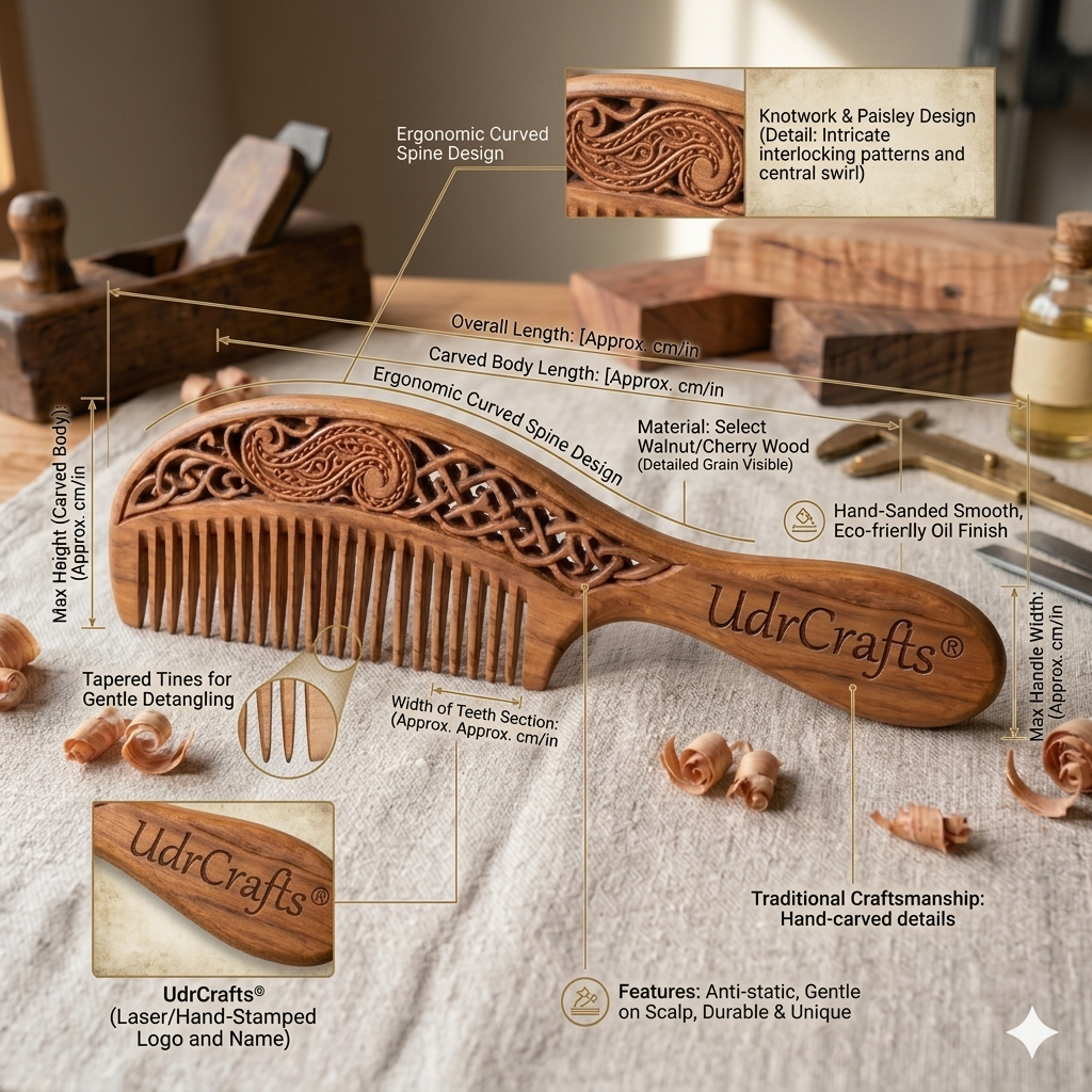 UdrCrafts® Premium Hand-Carved Wooden Hair Comb | Anti-Static Wide Tooth Detangling Comb with Ergonomic Handle