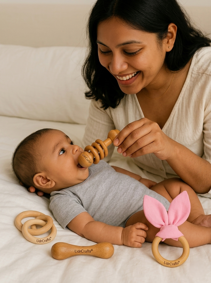 UdrCrafts® Organic Neem Wood Teether Combo for Babies – 1 Ring Rattler, 1 Dumbbell & 1 Teething Ring_ Pack of 3 Safe Natural Wooden Toys for 3–12 Months | Handcrafted & Eco-Friendly | wooden teethers for 6 to 12 months