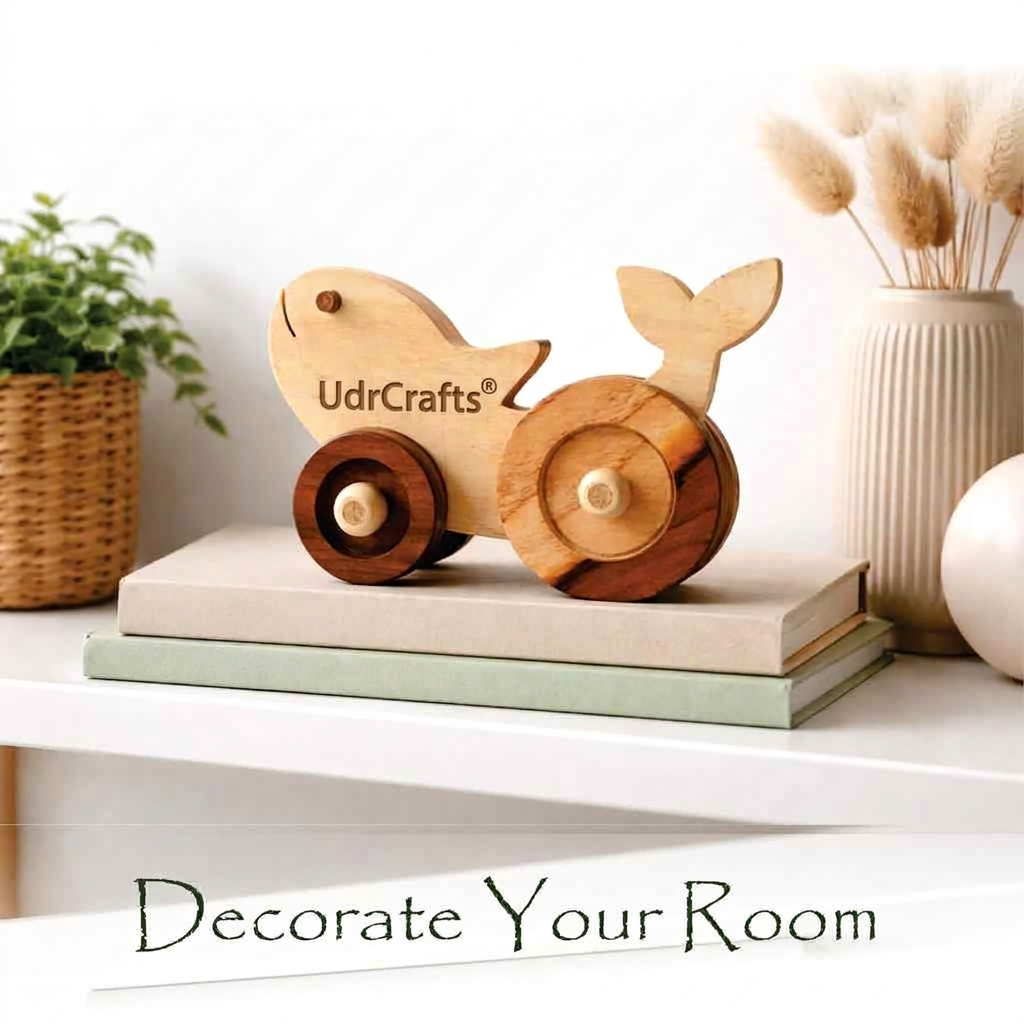 UdrCrafts® Wooden Whale Pull-Along Toy for Toddlers Fish | Natural Solid Wood | No Metal | Eco-Friendly & Plastic-Free | Smooth Rolling Wheels | Nursery Decor Toy (2–5 Years)