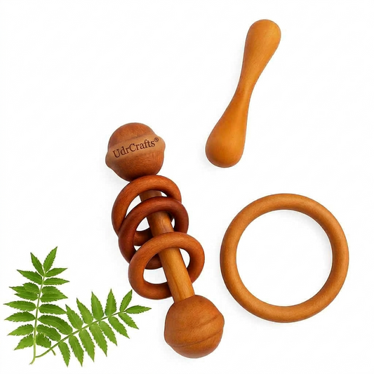 UdrCrafts® Baby Teether Combo Pack of 3 – Organic Neem Wood Teether Combo - 1 Ring, 1 Rattle, 1 Dumbbell Nibbler – Safe Natural Teething Toys | Wooden Teethers for 6 to 12 Months Baby