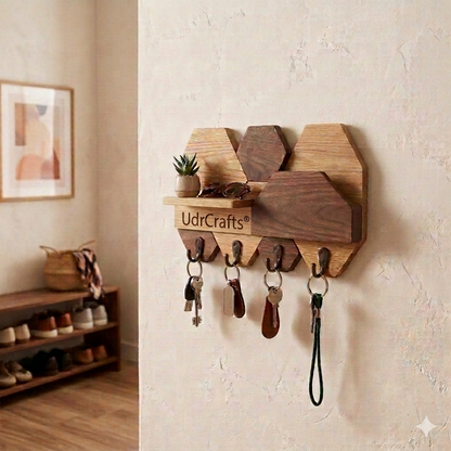UdrCrafts® Wall Mounted Wooden Key Holder with Mini Shelf – Elegant Geometric Key Organizer for Home Decor
