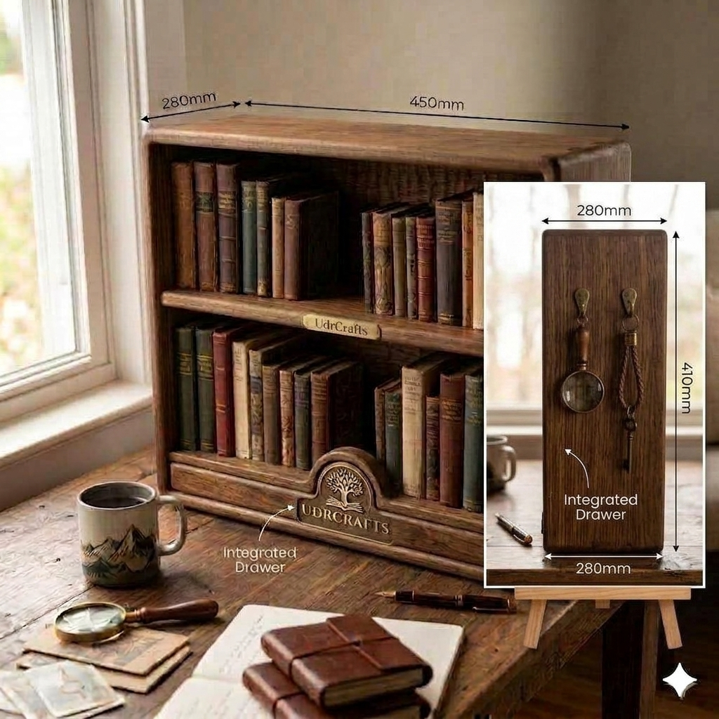 UdrCrafts® Handcrafted Wooden Tabletop Bookshelf with Storage Drawer – Compact 2-Tier Desktop Book Organizer & Magazine Holder Rack with Utility Side Hooks