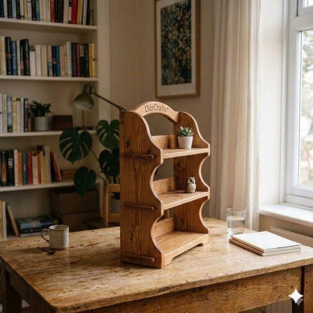 UdrCrafts® Curved Wooden Desktop Bookshelf – 3-Tier Miniature Book Organizer Stand for Study Table, Office Desk and Home Decoration