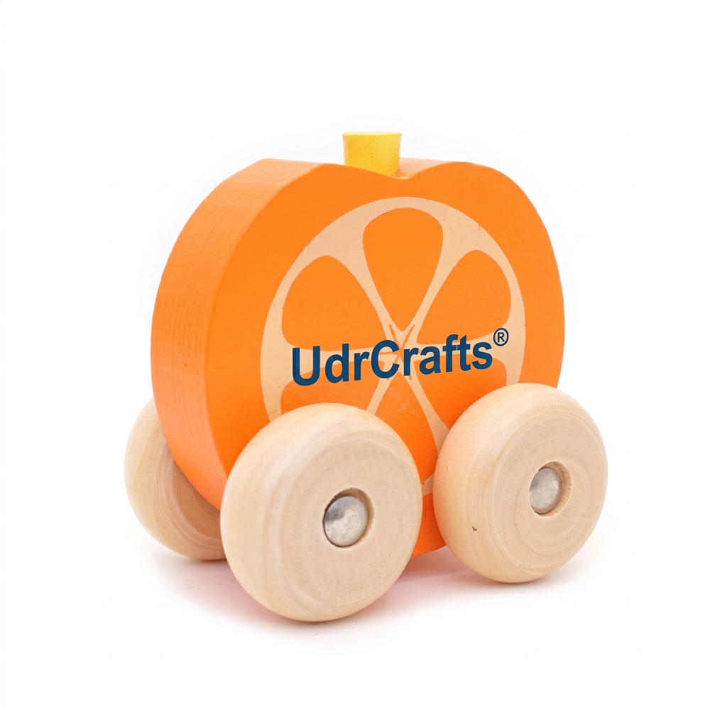 UdrCrafts® Montessori Wooden Mini Car Set Beech Wood Trolley & Grasping Toys for Kids Fun Fruits & Vehicles Design (Pack of 4)