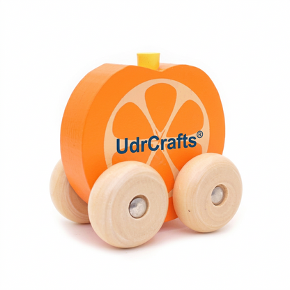 UdrCrafts® Montessori Wooden Mini Car Set Beech Wood Trolley & Grasping Toys for Kids Fun Fruits & Vehicles Design (Pack of 4)