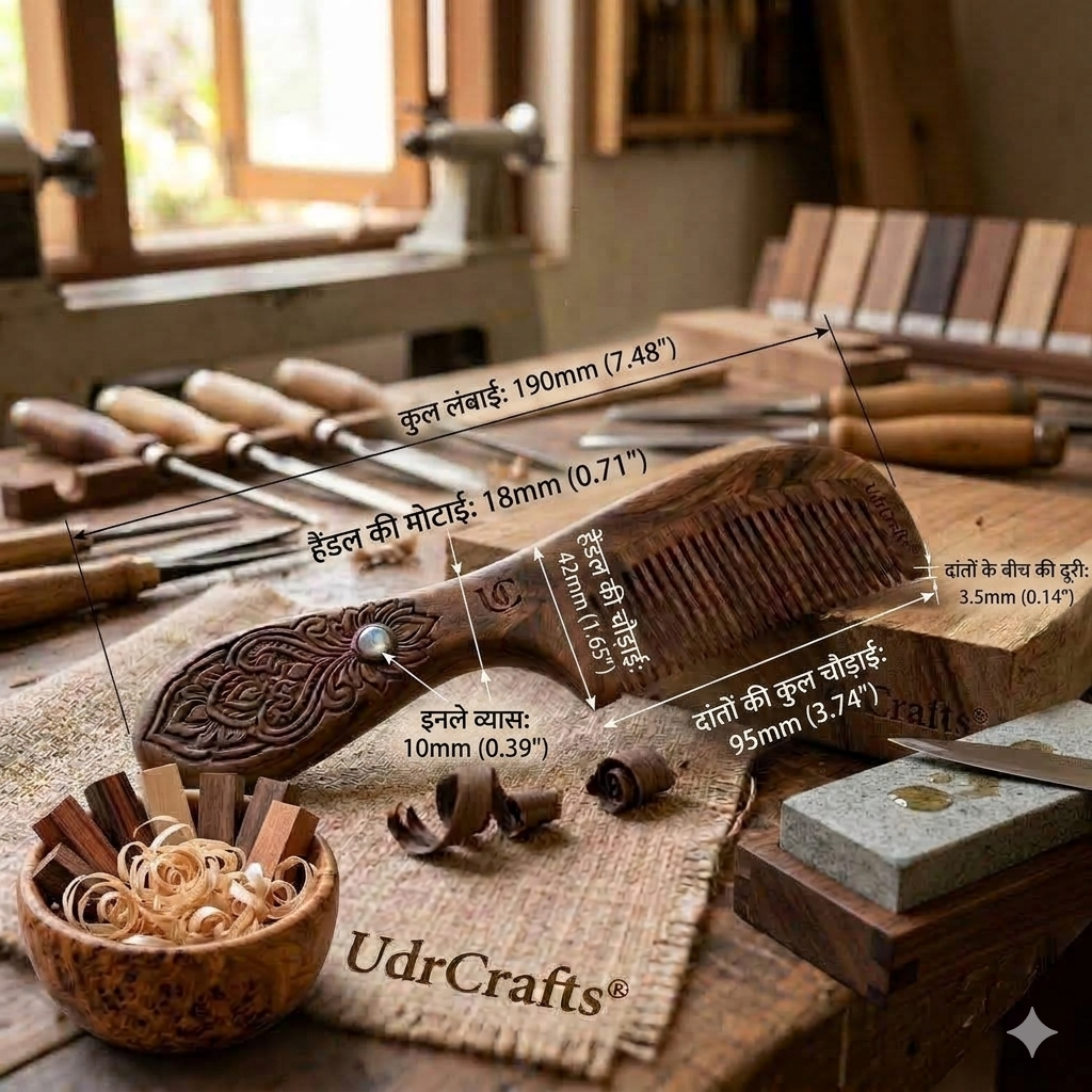 UdrCrafts® Designer Wooden Comb – Wide Tooth Hair Detangling Comb with Carved Handle, Anti-Hair Fall & Scalp Stimulation, Perfect for Gifting