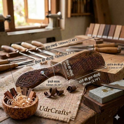 UdrCrafts® Designer Wooden Comb – Wide Tooth Hair Detangling Comb with Carved Handle, Anti-Hair Fall & Scalp Stimulation, Perfect for Gifting