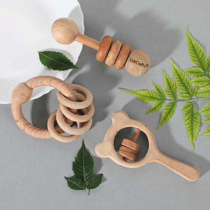 UdrCrafts® Wooden Rattle Set for Babies 0-6 Months, 6-12 Months | New Born Toys | Baby Shower Gifts | New Born Baby Essentials | Rattle Toys (Ring+Dumbbell+Micky Head)