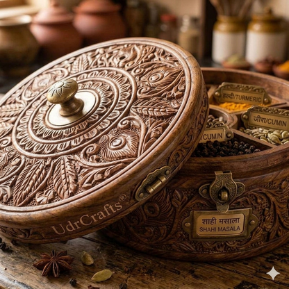 UdrCrafts® Handcrafted Wooden Masala Box | 10-Inch Round Antique Spice Organizer Container for Kitchen with Brass Hardware