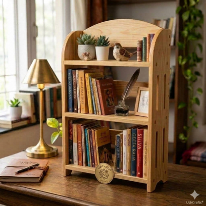 UdrCrafts® Wooden Desktop Bookshelf – 3-Tier Miniature Book Organizer Stand for Study Table, Office Desk and Home Decoration