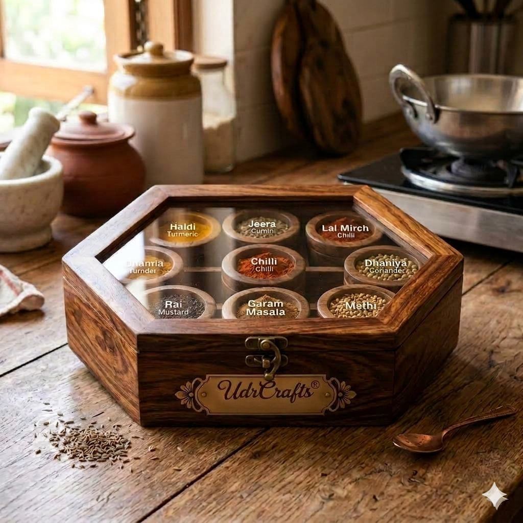 UdrCrafts® Handcrafted Square Wooden Masala Box | 10-Inch Spice Organizer with See-Through Glass Window and 9 Deep Compartments