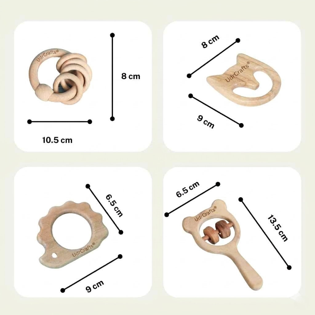 UdrCrafts® Babbles Neem Wood Teethers for Babies | Wooden Teethers for 6 to 12 Months Baby | Natural and Antibacterial (Cat+Hedgehog+Micky Head+Ring)