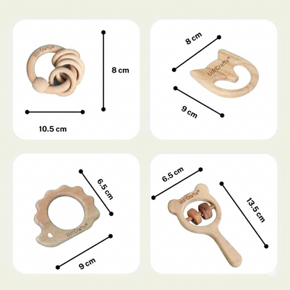 UdrCrafts® Babbles Neem Wood Teethers for Babies | Wooden Teethers for 6 to 12 Months Baby | Natural and Antibacterial (Cat+Hedgehog+Micky Head+Ring)