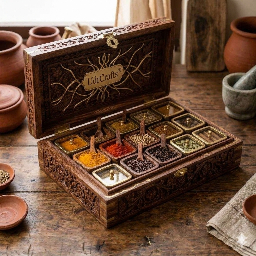 UdrCrafts® Luxury Hand-Carved Spice Container Box | Pure Wooden Masala Dani with Brass Inlay and Lock | Multipurpose Spice Storage Organizer Cabinet