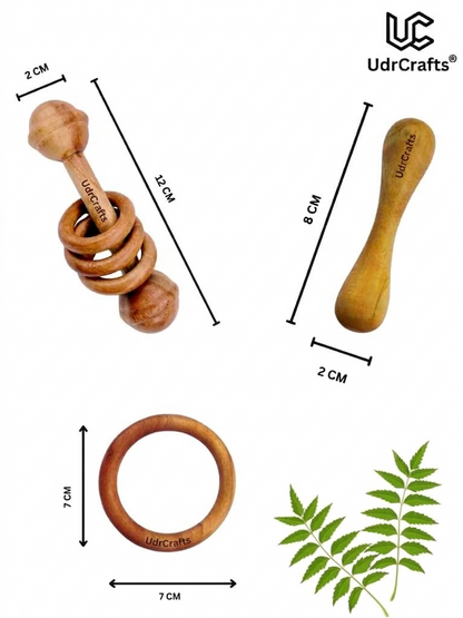 UdrCrafts® Baby Teether Combo Pack of 3 – Organic Neem Wood Teether Combo - 1 Ring, 1 Rattle, 1 Dumbbell Nibbler – Safe Natural Teething Toys | Wooden Teethers for 6 to 12 Months Baby (5)