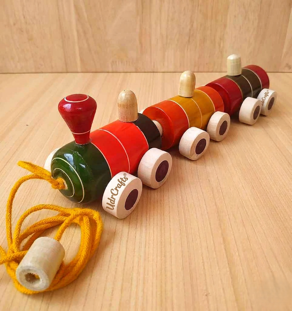 UdrCrafts® Wooden Train for 12 Months & Above Kids, Toddlers, Infant & Preschool Toys - Multicolor - with Attached String- Encourage Walking, Free Tiger peg Doll