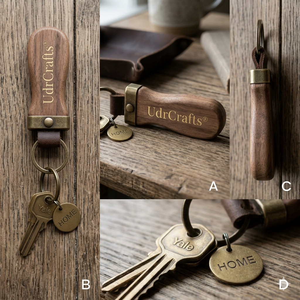 UdrCrafts® Premium Handcrafted Wooden Keychain - Ergo Walnut Wood Key Ring with Antique Metal Hardware for Car and Home Keys
