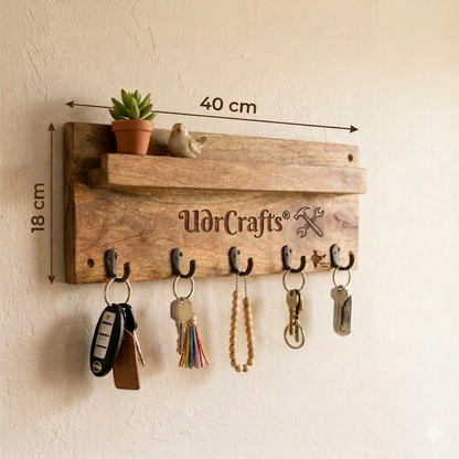 UdrCrafts® Modern Mango Wood Key Holder for Wall Decor | Wall Mounted Entrance Key Stand with Storage Shelf & 5 Hooks for Home/Office | Natural Wood Finish
