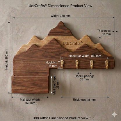 UdrCrafts® Wall Mounted Mountain Art Wood Key Holder – Elegant Geometric Key Organizer & Mail Pocket for Home Decor