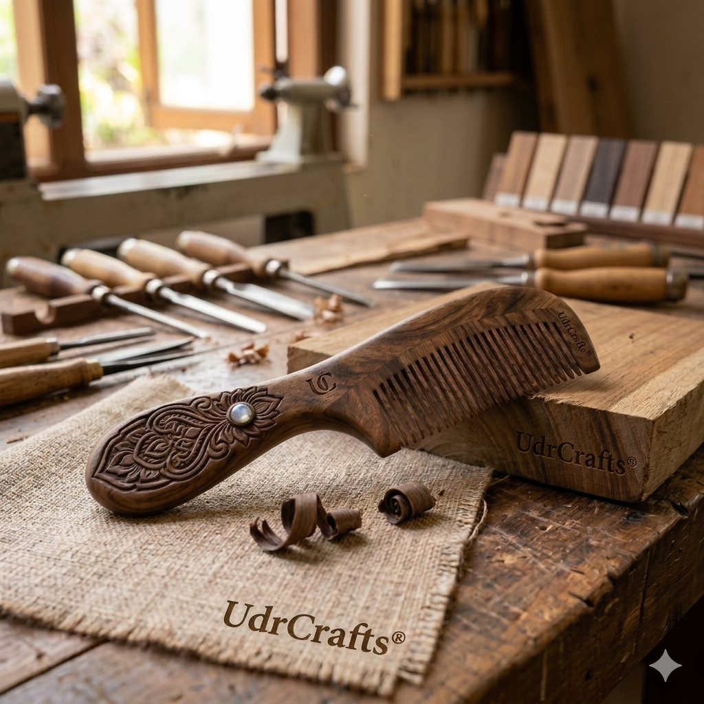 UdrCrafts® Designer Wooden Comb – Wide Tooth Hair Detangling Comb with Carved Handle, Anti-Hair Fall & Scalp Stimulation, Perfect for Gifting
