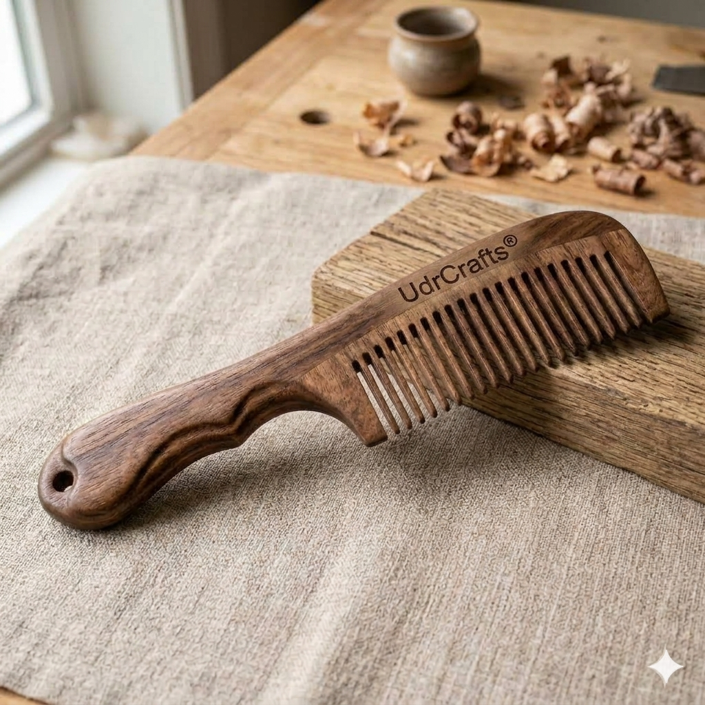 UdrCrafts® Natural Sheesham Wood Hair Comb with Ergonomic Handle | Anti-Static, Detangling Wooden Styling Comb for All Hair Types | Gift for Hair Care