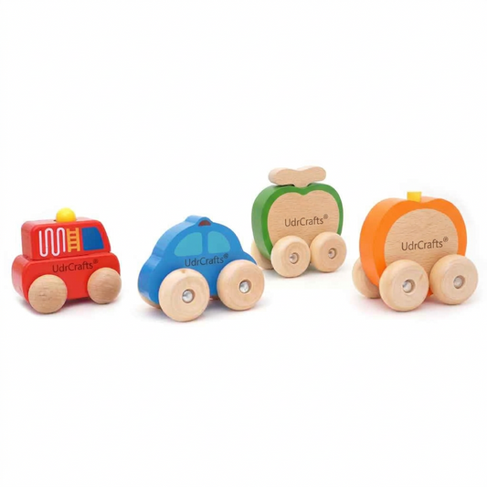 UdrCrafts® Montessori Wooden Mini Car Set Beech Wood Trolley & Grasping Toys for Kids Fun Fruits & Vehicles Design (Pack of 4)