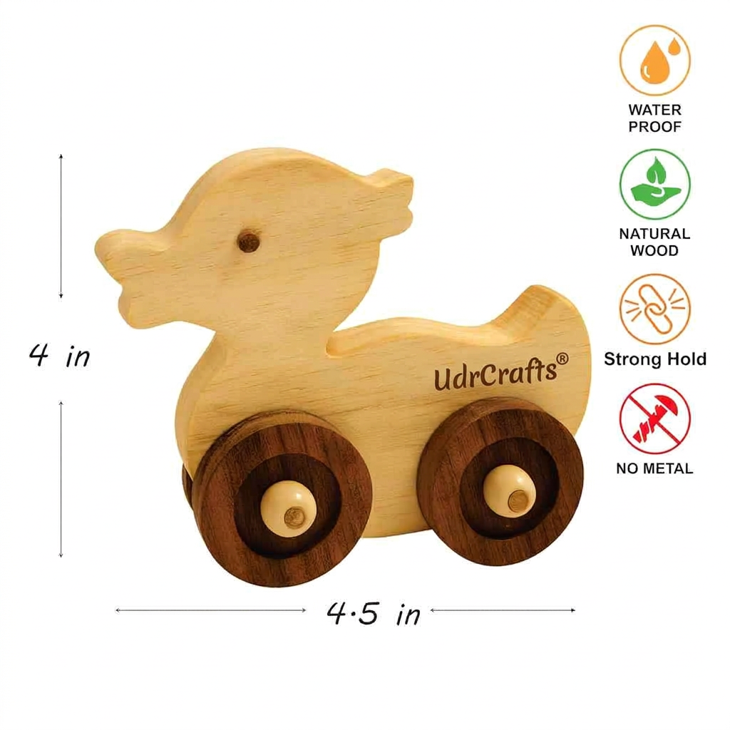 UdrCrafts® Wooden Duck Pull-Along Toy for Toddlers | Natural Solid Wood | No Metal | Eco-Friendly & Plastic-Free | Smooth Rolling Wheels | Nursery Decor Toy (2–5 Years) (Duck)