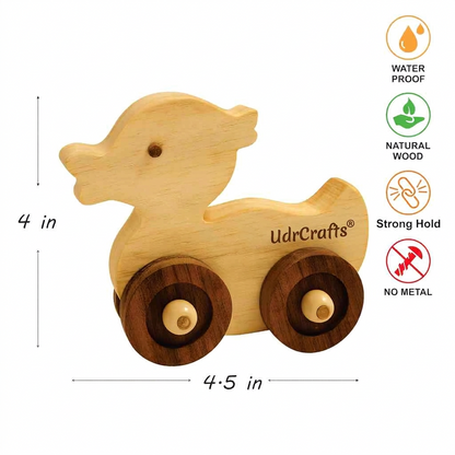 UdrCrafts® Wooden Duck Pull-Along Toy for Toddlers | Natural Solid Wood | No Metal | Eco-Friendly & Plastic-Free | Smooth Rolling Wheels | Nursery Decor Toy (2–5 Years) (Duck)