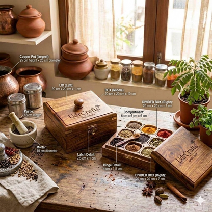 UdrCrafts® Handcrafted Sheesham Wood Masala Box for Kitchen | 9 Compartments Square Spice Box with Wooden Spoon & Lid | Premium Wooden Masala Dani Organizer Container Set (Brown, 22x22 cm