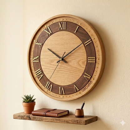 UdrCrafts® 12" Handcrafted Dual-Tone Wooden Wall Clock | Luxury Silent Sweep Quartz Wall Watch for Modern Home Decoration, Kitchen & Office (Oak & Walnut Wood)