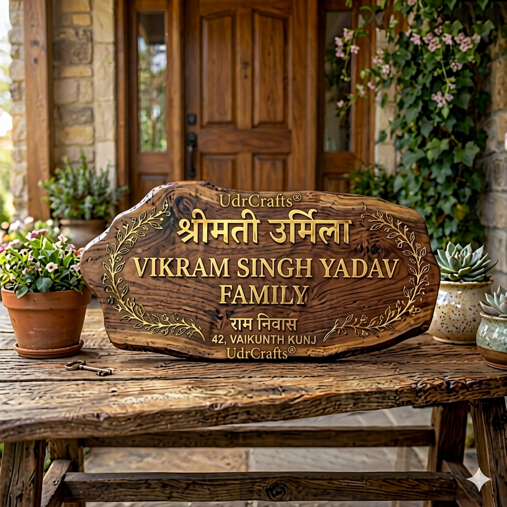UdrCrafts® Personalized Luxury Wooden Name Plate | Custom 3D Golden Brass Text with Leaf Art for Home Main Door & Gate (Size: 18x8 Inches)