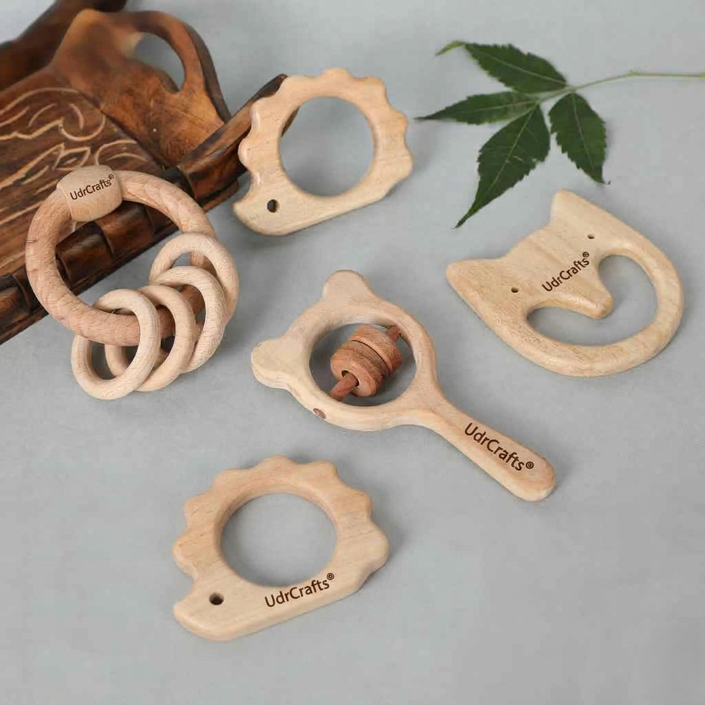 UdrCrafts® Babbles Neem Wood Teethers for Babies | Wooden Teethers for 6 to 12 Months Baby | Natural and Antibacterial (Cat+Hedgehog+Micky Head+Ring)