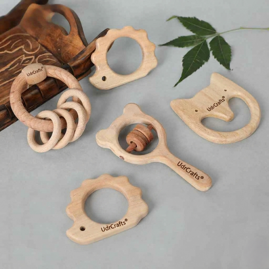 UdrCrafts® Babbles Neem Wood Teethers for Babies | Wooden Teethers for 6 to 12 Months Baby | Natural and Antibacterial (Cat+Hedgehog+Micky Head+Ring)