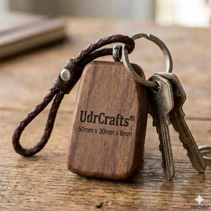 UdrCrafts Laser Engraved Wooden Keychain | Handcrafted Premium Walnut Wood Key Ring with Genuine Leather Strap for Men & Women