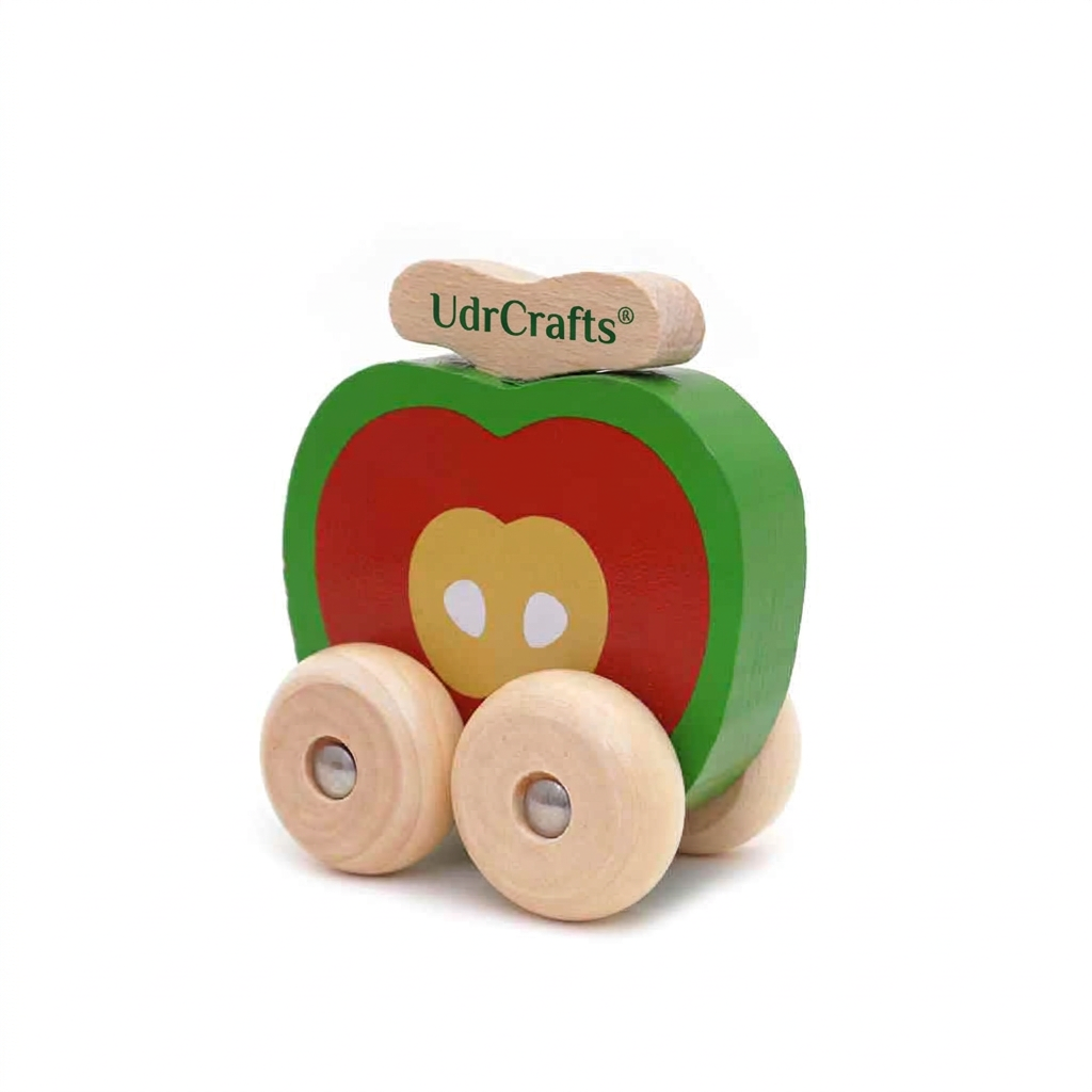 UdrCrafts® Montessori Wooden Mini Car Set Beech Wood Trolley & Grasping Toys for Kids Fun Fruits & Vehicles Design (Pack of 4)