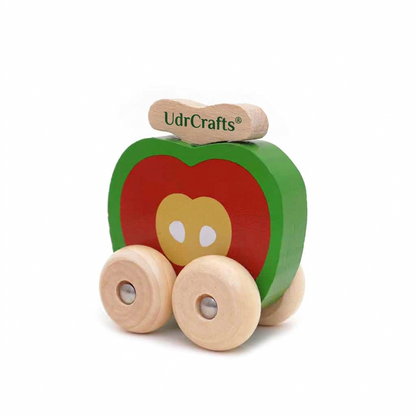 UdrCrafts® Montessori Wooden Mini Car Set Beech Wood Trolley & Grasping Toys for Kids Fun Fruits & Vehicles Design (Pack of 4)