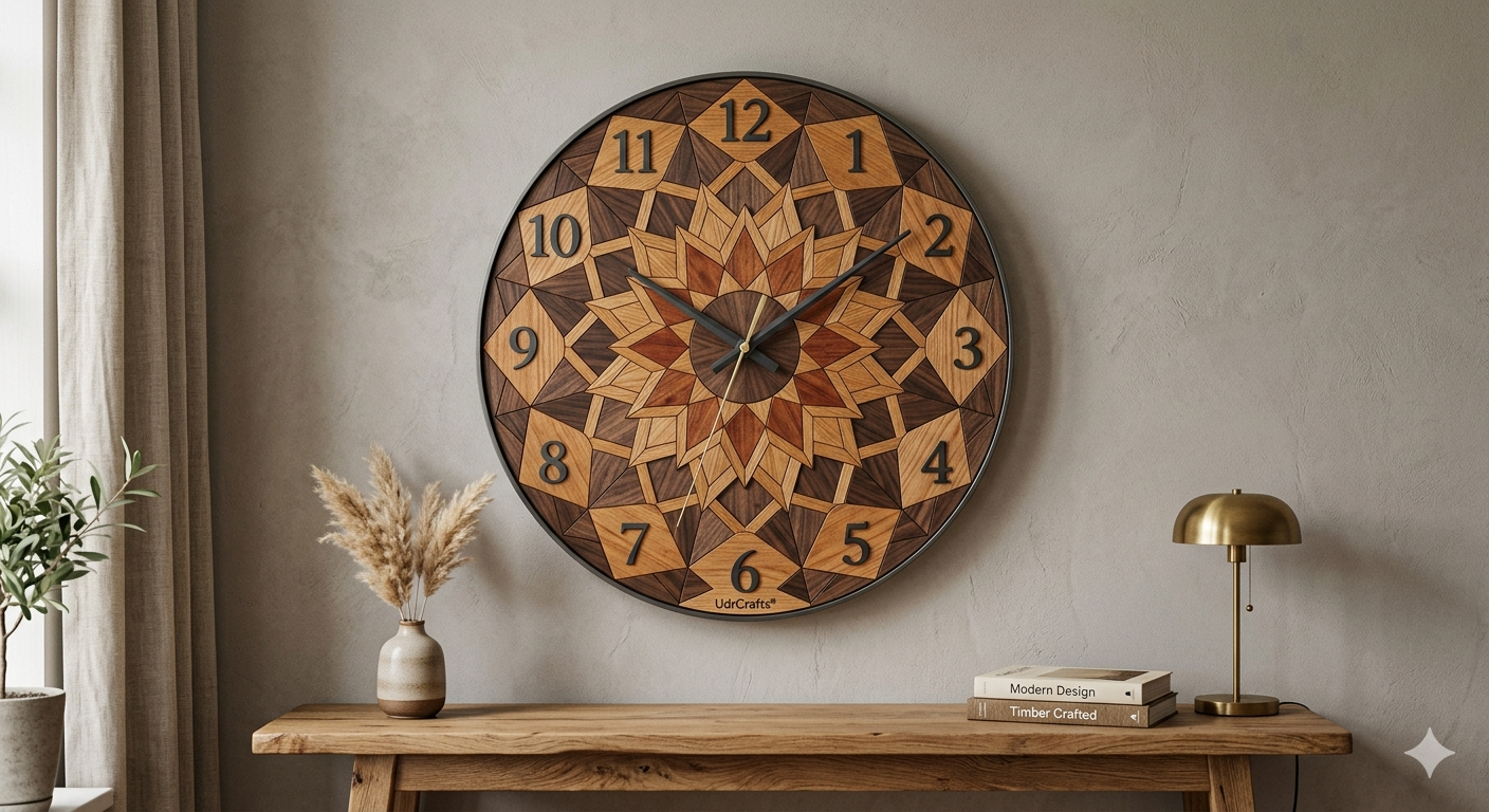 UdrCrafts® Luxury Handcrafted Mandala Wooden Wall Clock | 40 cm Decorative Premium Silent Geometric Clock for Elegant Wall Art, Living Room Styling & Gifting