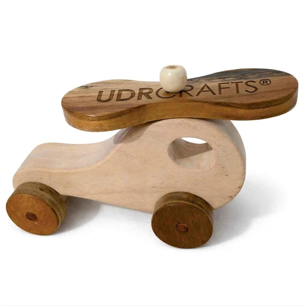 UdrCrafts® Wooden Helicopter Toy for Kids | Natural Neem Wood | Smooth Wheels | No Metal & Chemical Free | Eco-Friendly Toddler Toy