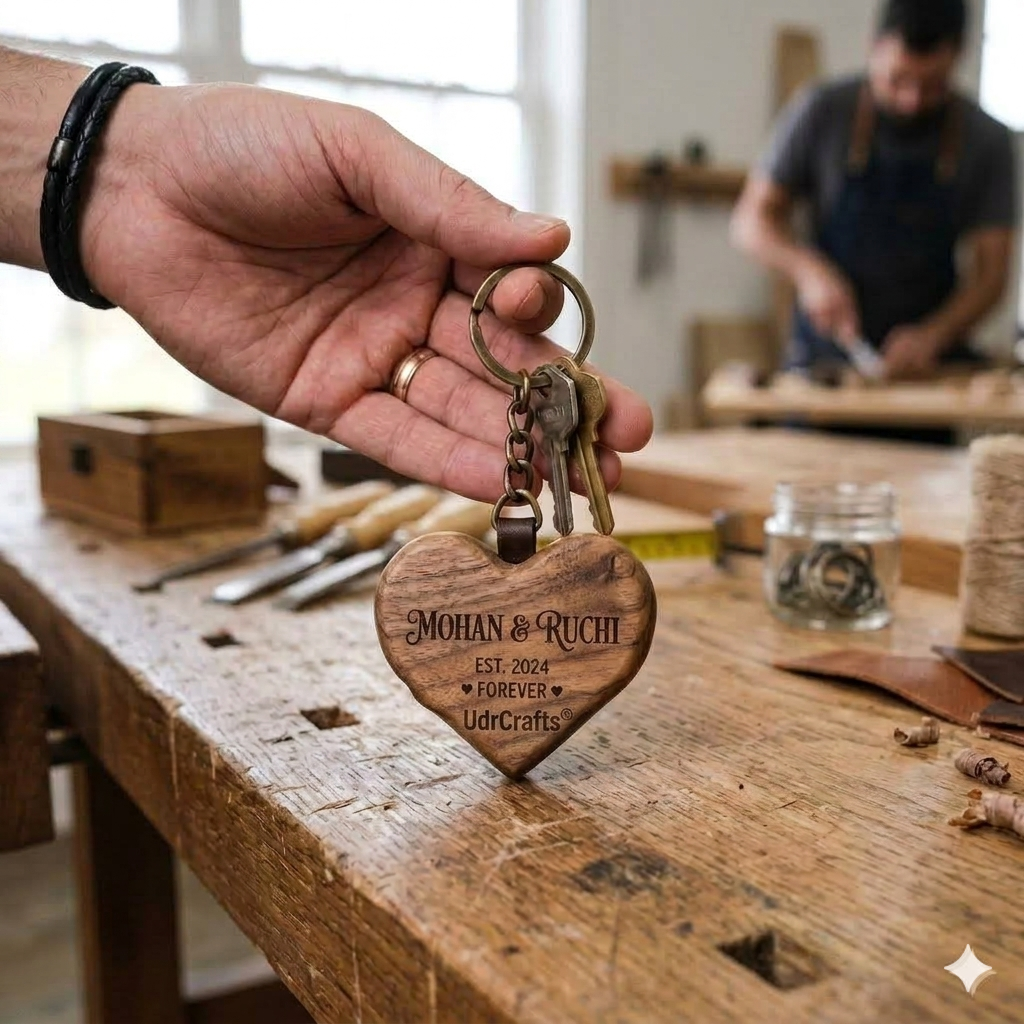 UdrCrafts® Custom Engraved Wooden Name Keychain for Couples - Personalized Heart Shaped Keyring Gift