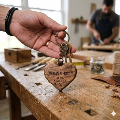 UdrCrafts® Custom Engraved Wooden Name Keychain for Couples - Personalized Heart Shaped Keyring Gift