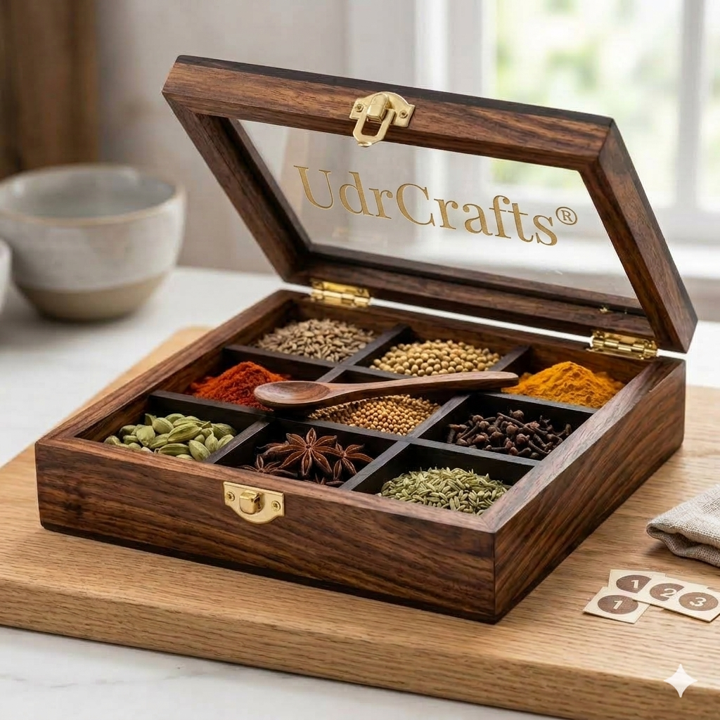 UdrCrafts® Handcrafted Square Wooden Masala Box | 9-Grid Kitchen Spice Organizer with See-Through Glass Window and Free Wooden Spoon