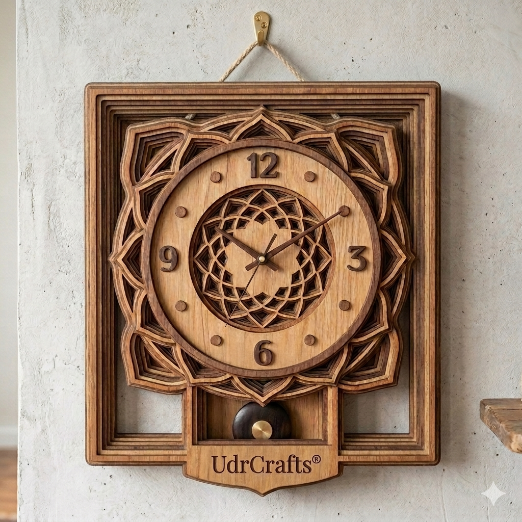 UdrCrafts® 6x6 Inch Mini Multilayer Wooden Wall Clock, 12-Layer Laser Cut 3D Mandala Design Decorative Small Wall Watch for Home Decor, Office Table, Bedroom & Gifting (Walnut Finish, Arabic Numerals)