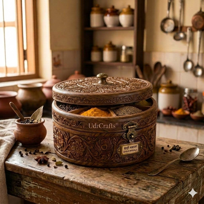 UdrCrafts® Handcrafted Wooden Masala Box | 10-Inch Round Antique Spice Organizer Container for Kitchen with Brass Hardware
