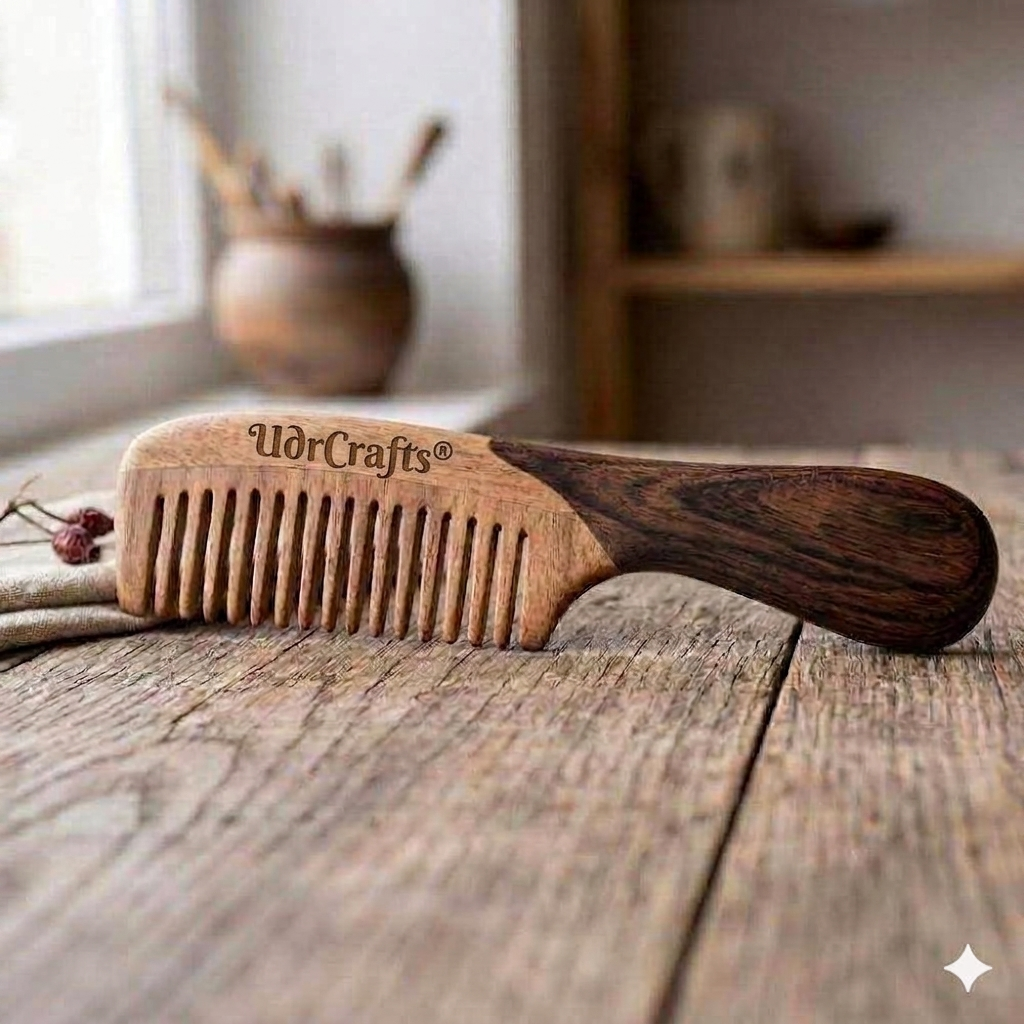 UdrCrafts® Luxury Dual-Tone Wooden Hair Comb with Ergonomic Wave Handle | Anti-Static Wide Tooth Detangling Comb