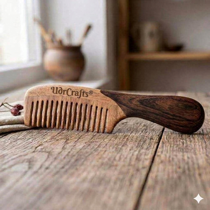 UdrCrafts® Luxury Dual-Tone Wooden Hair Comb with Ergonomic Wave Handle | Anti-Static Wide Tooth Detangling Comb