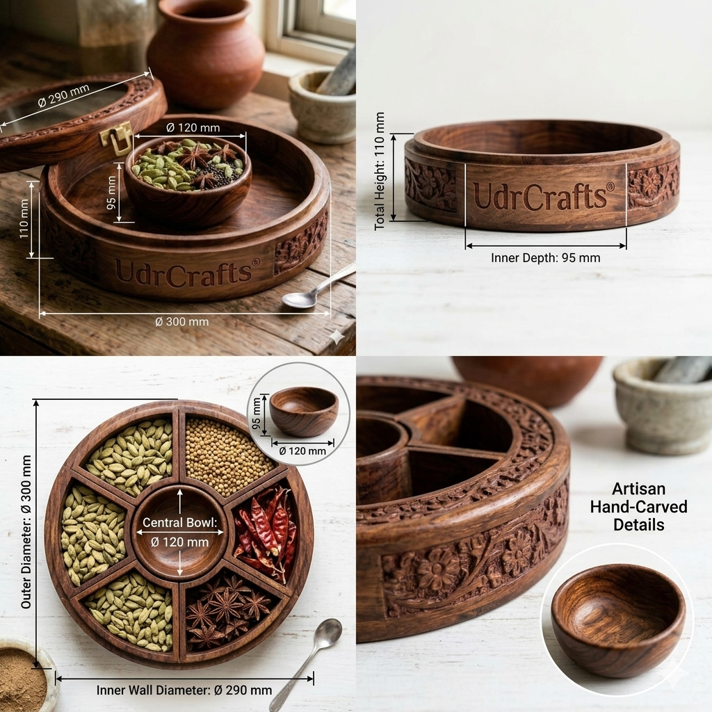 UdrCrafts® Premium Wooden Masala Box | Elegant Round Spice Organizer Container for Kitchen Decor | Sheesham Wood Masala Dani with Transparent Glass Lid