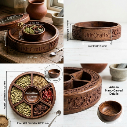UdrCrafts® Premium Wooden Masala Box | Elegant Round Spice Organizer Container for Kitchen Decor | Sheesham Wood Masala Dani with Transparent Glass Lid